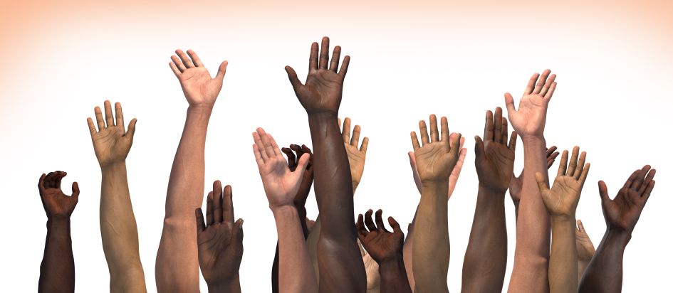 hands multiethnic people vote. Teamwork businesspeople diversity. Copy 

space render 3d